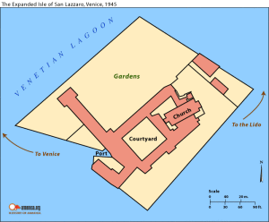 Het eiland San Lazzaro na de uitbreiding in 1945