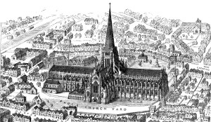 Gravure van de oude St Paul's Cathedral (voor 1561)