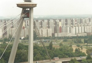 Restaurant on top of the bridge spanning the Danube overlooking the communist era suburbs of the town...